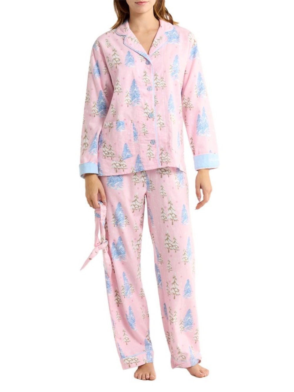 P.J. Salvage Pink Blue White Frosted Trees Snowflakes Winter Flannel Pajama Set